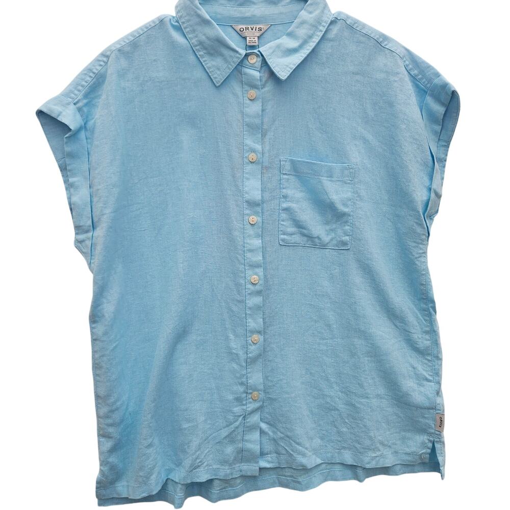Orvis Linen Blend Light Blue Button Up Shirt Medium NWT